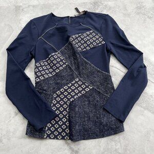 BCBGMaxazria Long Sleeve Pattern Top Navy Blue Size Xsmall XS Texture Crisscross